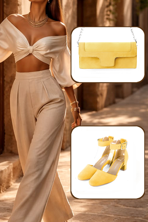Dress heels closed-back ankle strap in yellow leather with kitten heels and round toe - Worn view